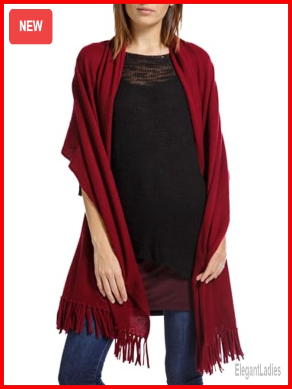100% Cashmere Knit Shawl Wrap with Fringe Oversized 78x28